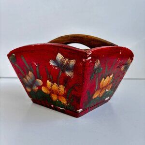 Vintage Toll Hand Painted Wood Catch All Primitive Handle Red Small Country Farm